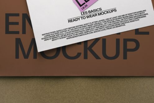 Clothing label mockup with angled tag on brown fabric showing Les Basics wear templates
