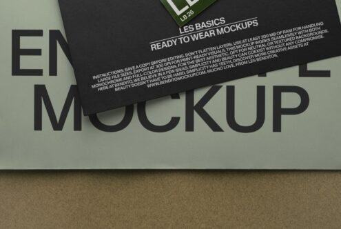 Folded clothing tag mockup with large serif typography on sage green background