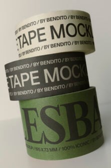 Stacked tape rolls mockup showing cream, black, plus sage green with branding