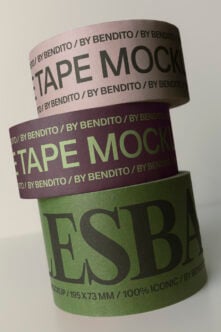 Three stacked duct tape rolls in beige, dark purple, plus sage green with bold typography mockup