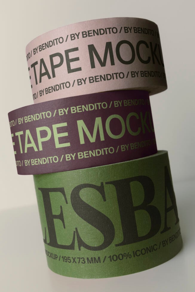 Three stacked duct tape rolls in beige, dark purple, plus sage green with bold typography mockup