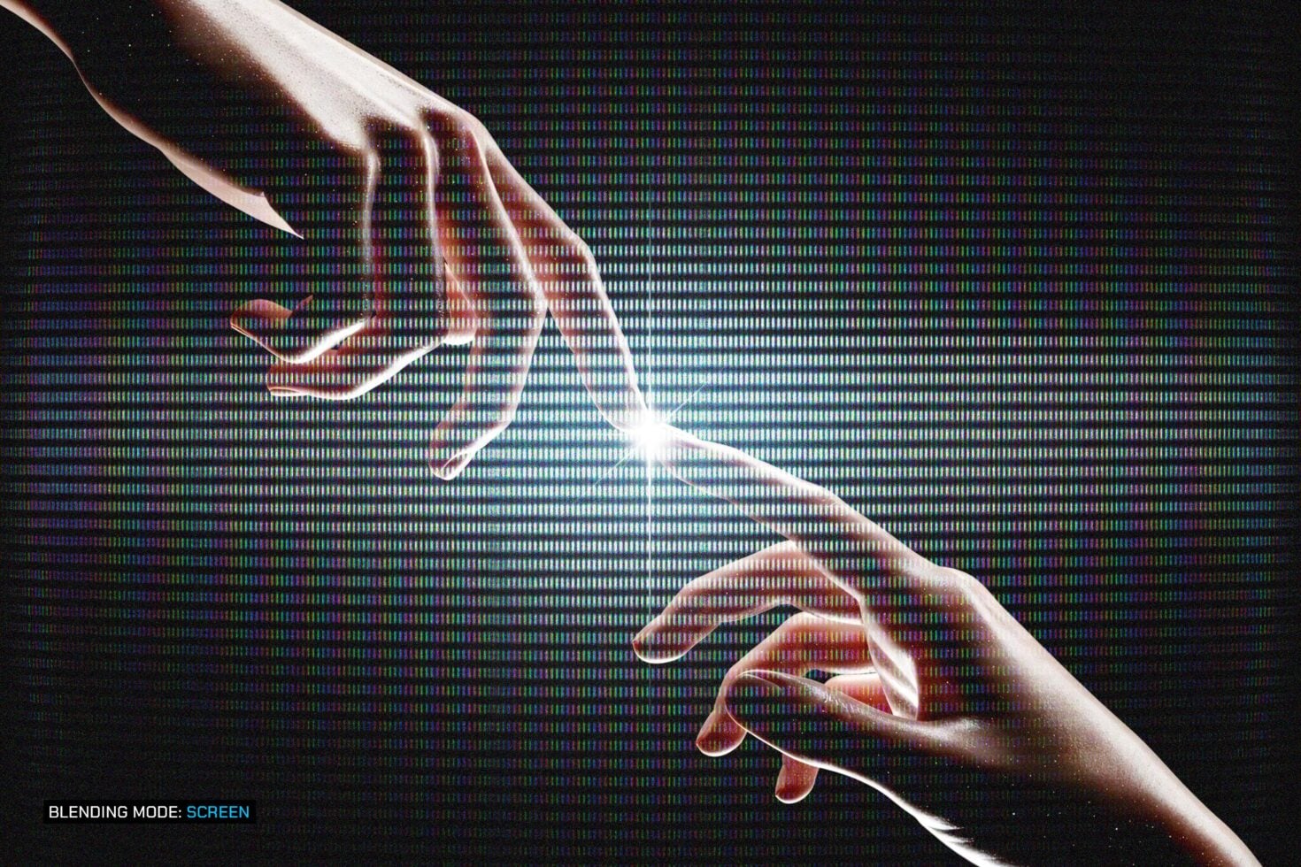 Hands touching over glitchy digital code background with screen blend mode effect
