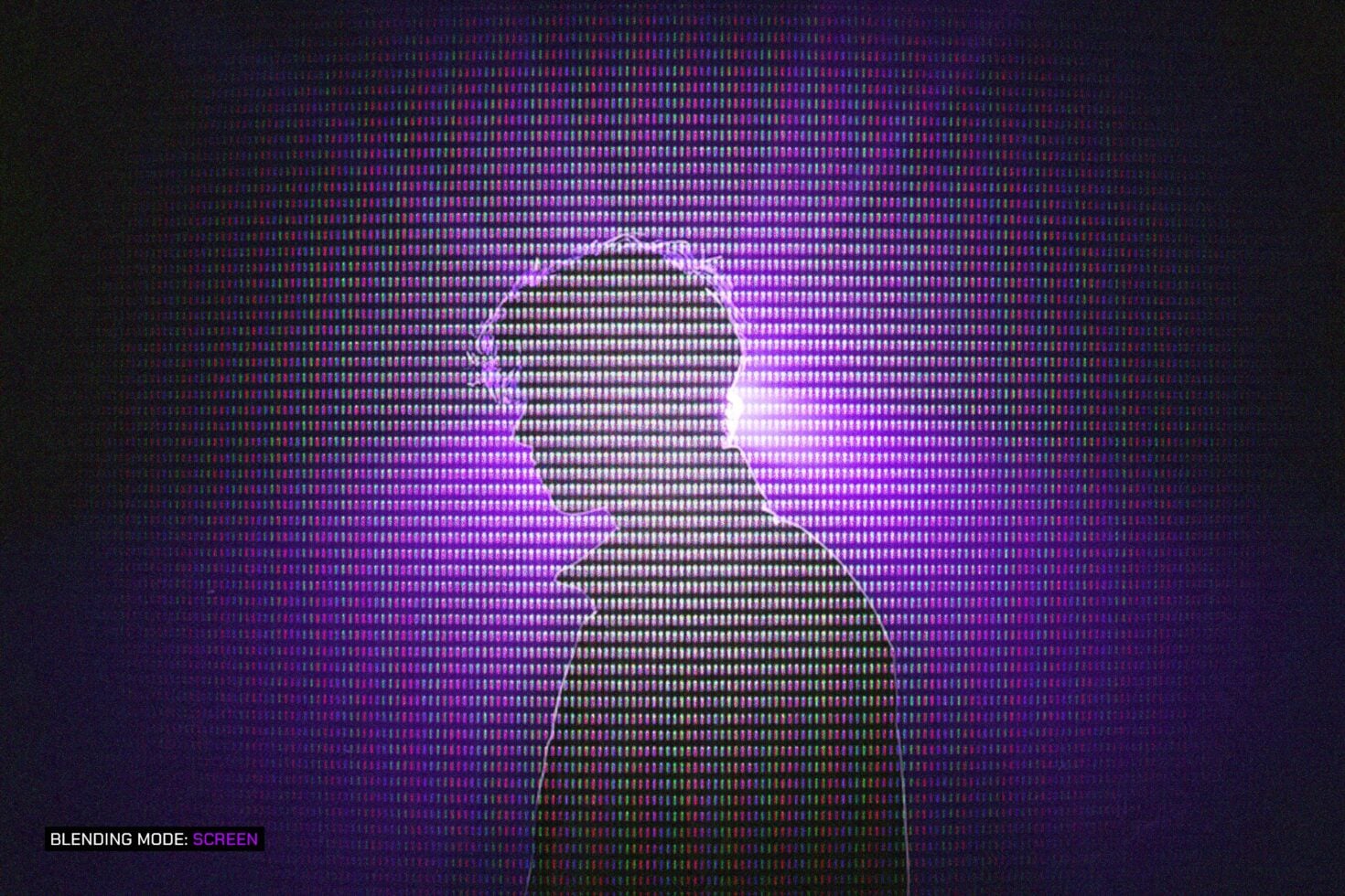 Glitchy neon portrait with pixelated magenta glow on dark scanline background