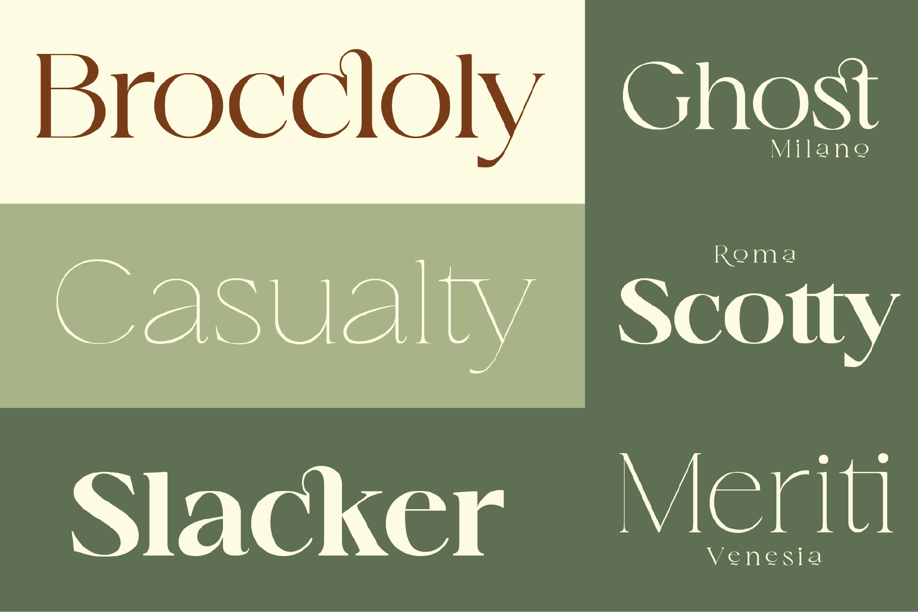 Six elegant serif fonts displayed on earthy cream, sage, plus forest green backgrounds