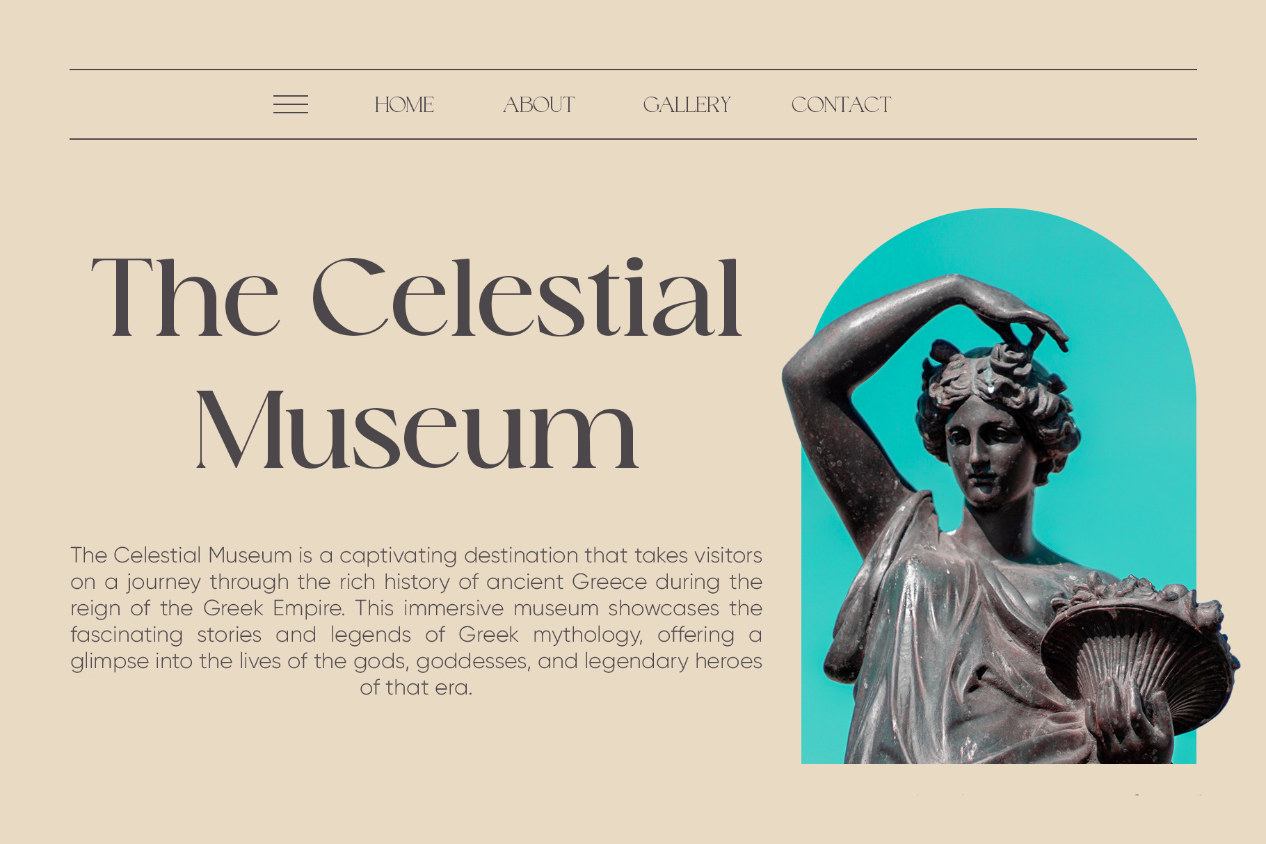 Minimalist museum website mockup with serif typography, navigation bar, classical statue cutout on turquoise circle