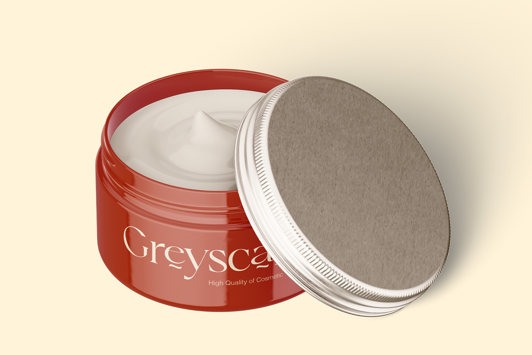 Open red cosmetic jar with grey fabric lid, cream product visible inside
