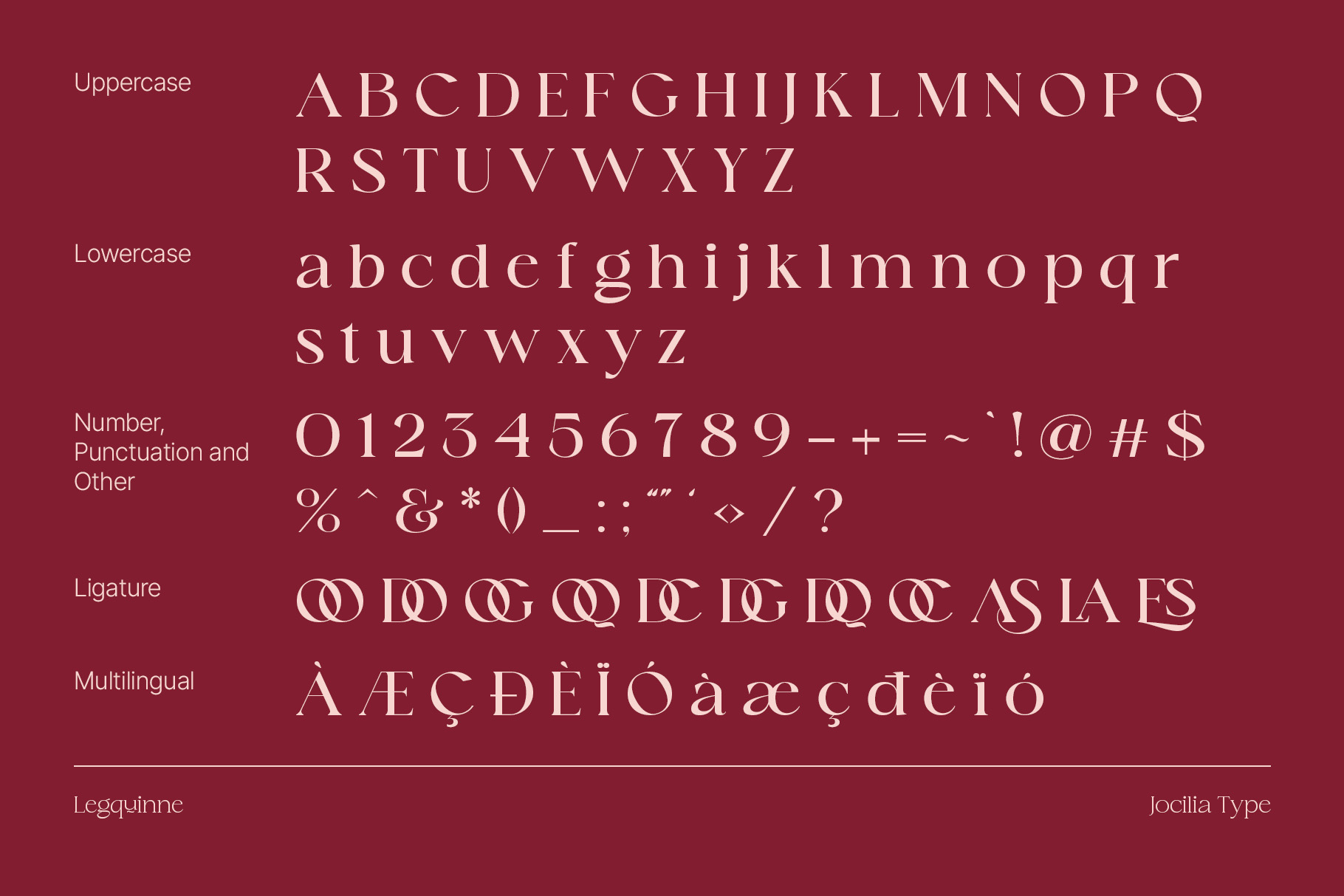 Elegant serif font specimen on deep burgundy showing uppercase, lowercase, numbers, ligatures, plus multilingual characters