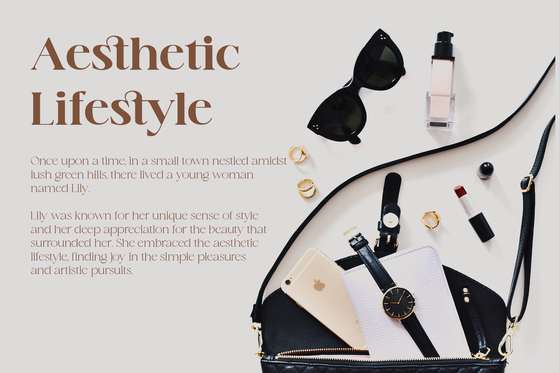 Flat lay of luxury lifestyle essentials: black bag, gold watch, sunglasses, skincare, lipstick, rings, phone