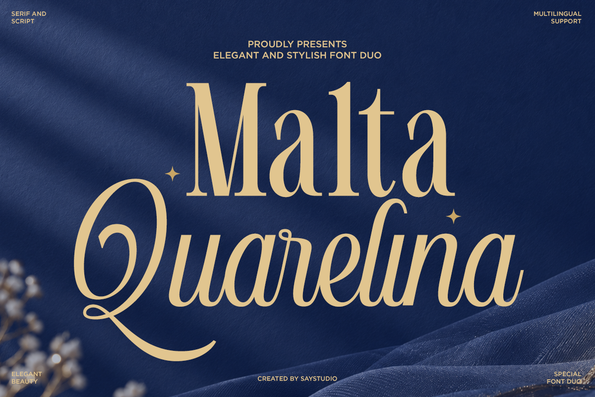 Malta Quarelina serif font duo in gold on deep blue textured background