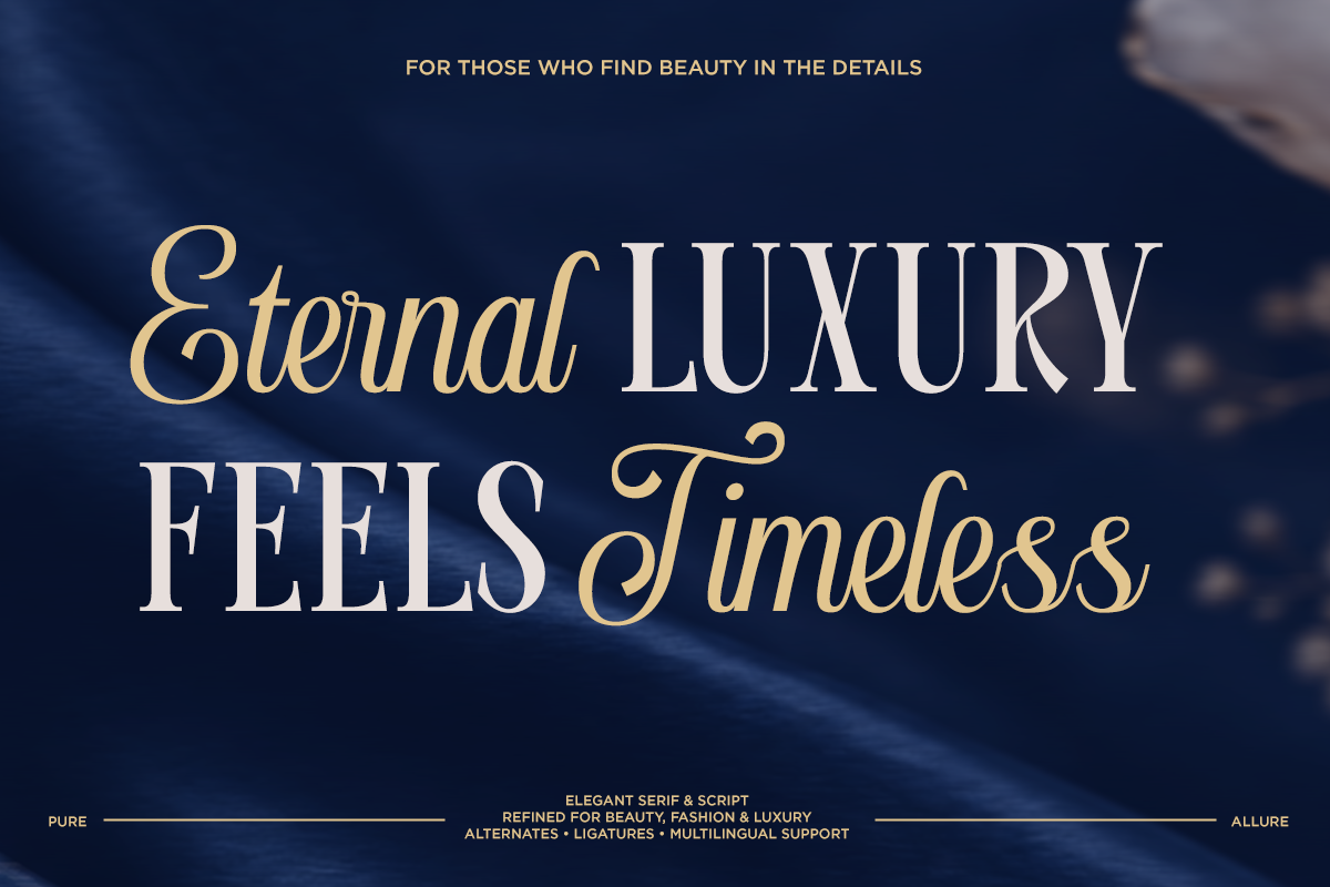 Elegant serif font pairing in gold with script styling on moody blue background
