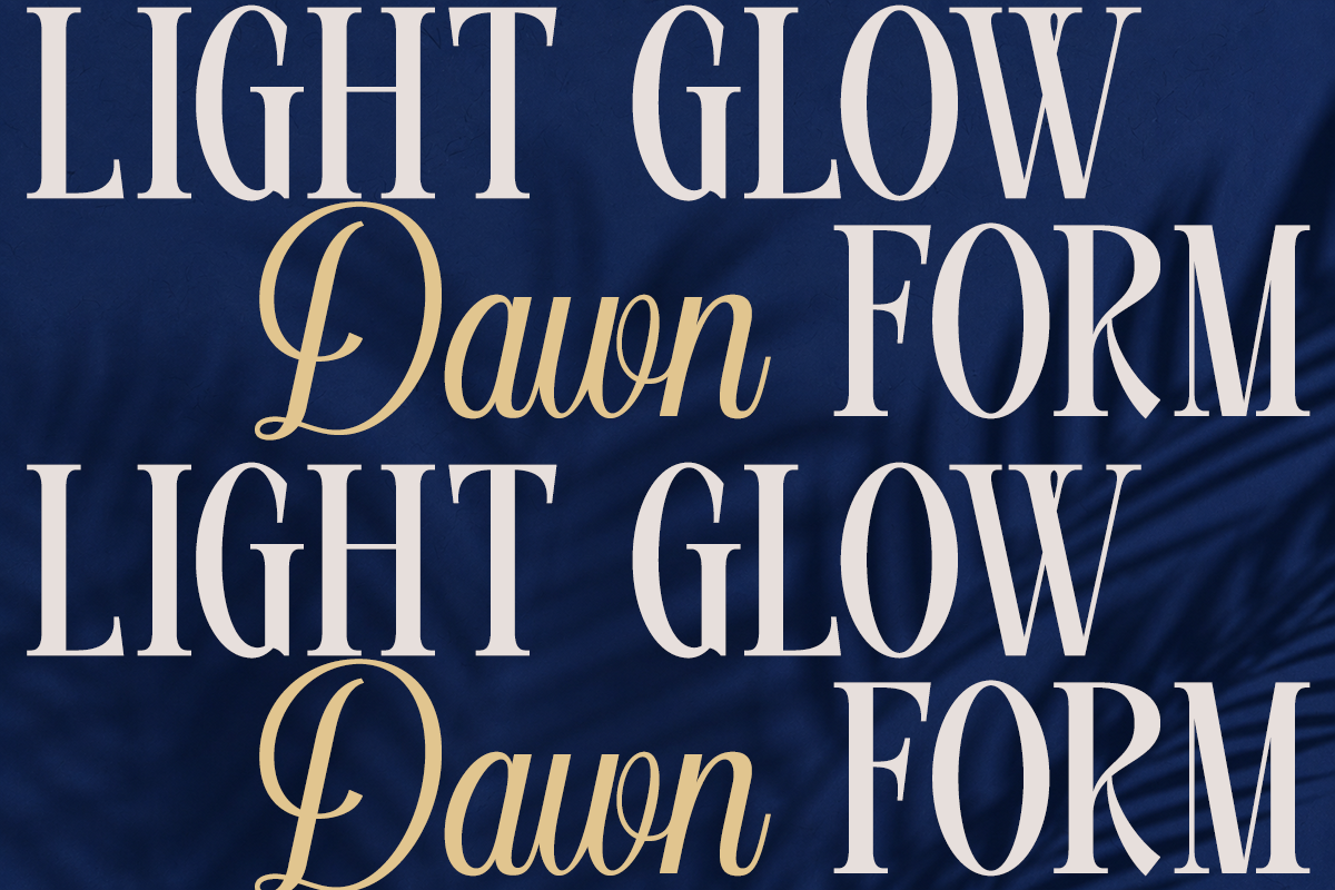 Light Glow Dawn Form repeated text in elegant serif with gold script on navy background