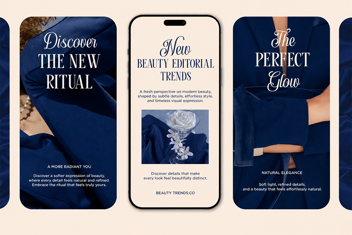 Three luxury beauty brand phone mockups with navy silk, cream text, white roses on beige background
