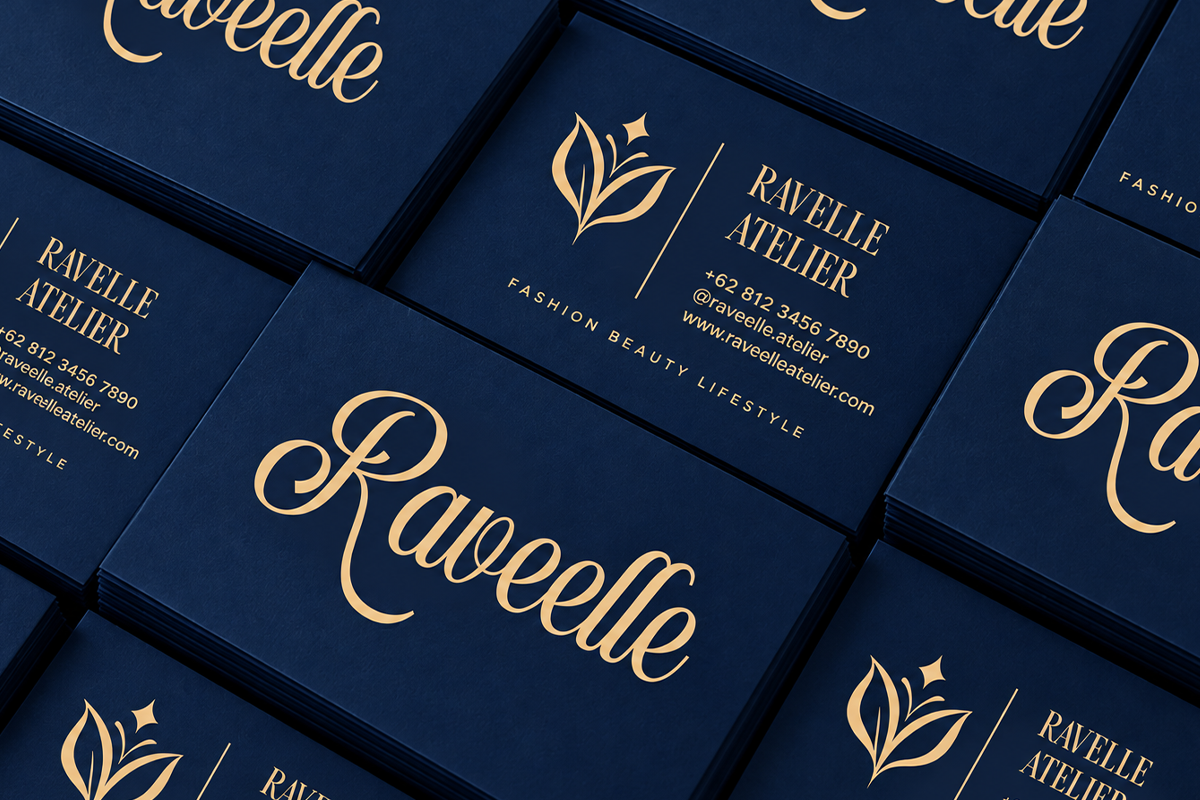 Navy business cards with gold foil script logo for luxury fashion boutique Ravelle Atelier