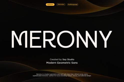 Merony sans serif font in white on black background with gold curved design elements
