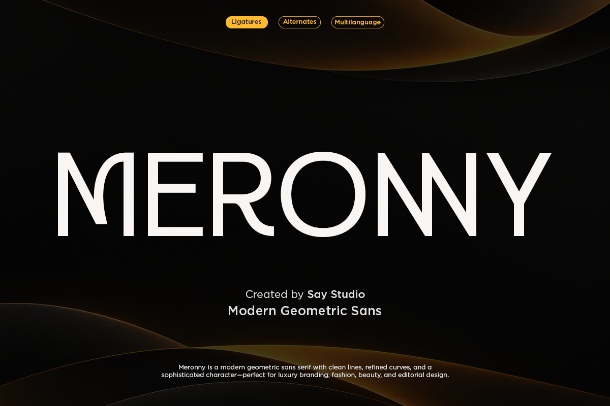 Merony sans serif font in white on black background with gold curved design elements