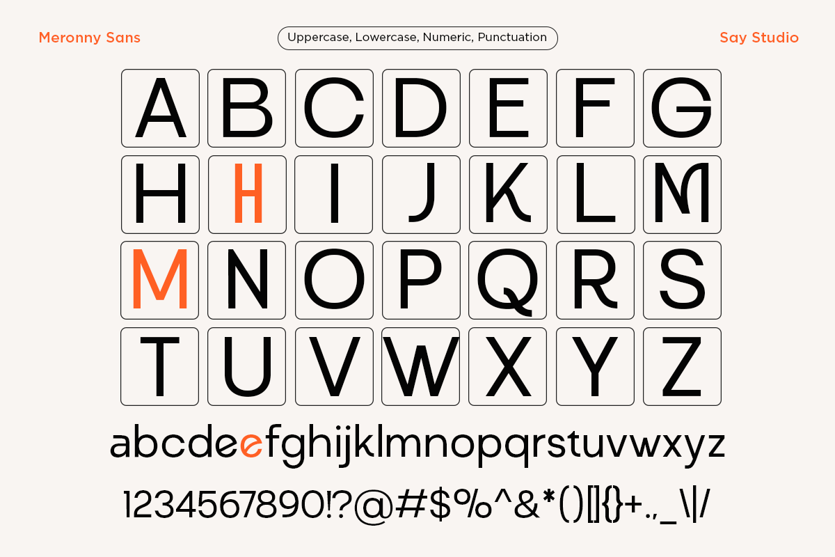 Meronny Sans font family showing uppercase, lowercase, numbers, punctuation in boxed tiles with orange accents