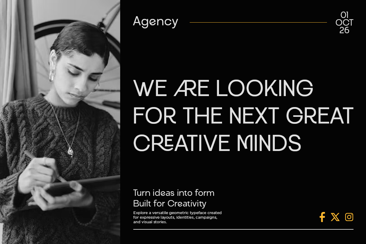 Minimalist agency poster mockup with black background, bold typography, date stamp, portrait photo on left side