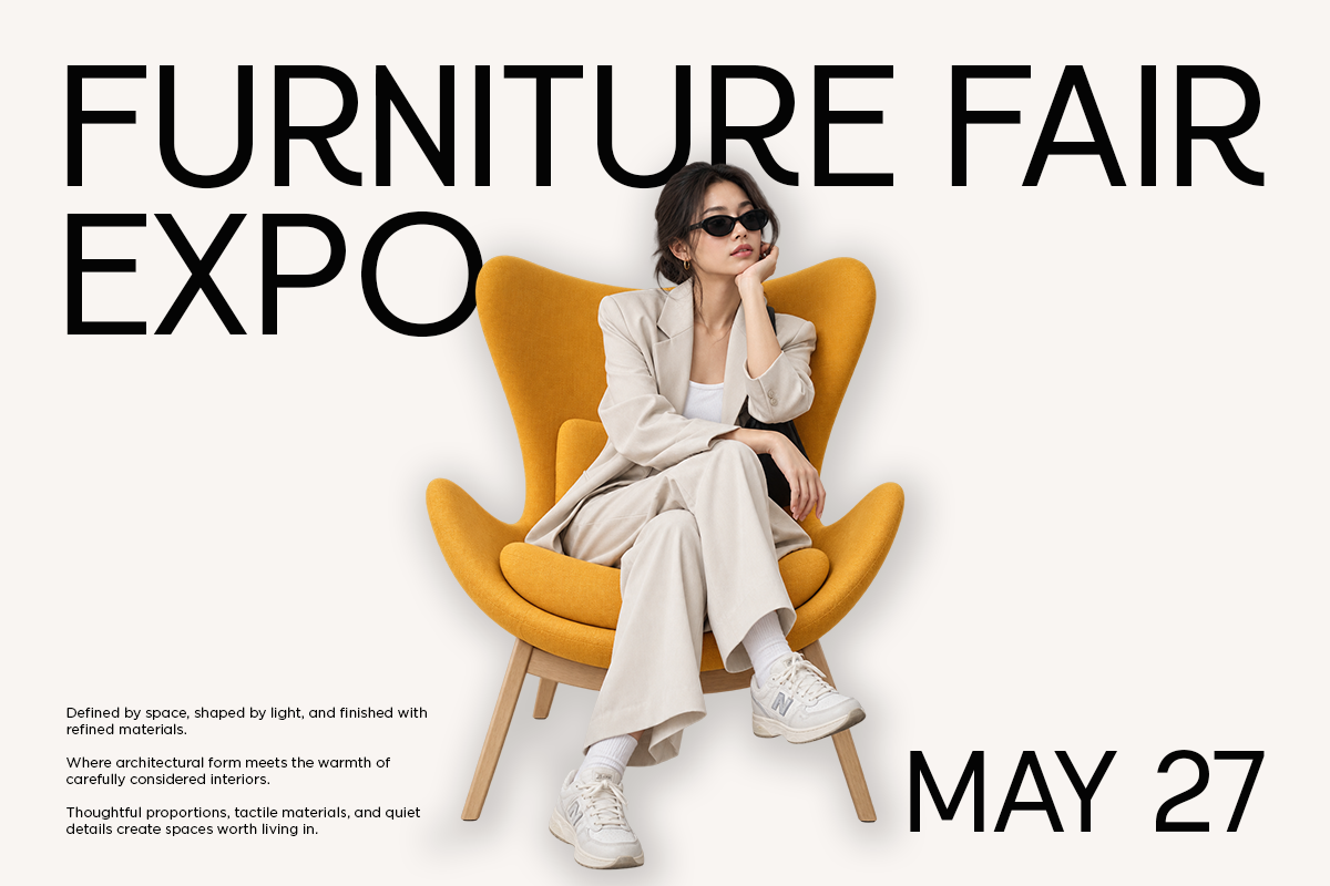 Woman in cream blazer sitting on mustard yellow mid-century chair for furniture expo poster