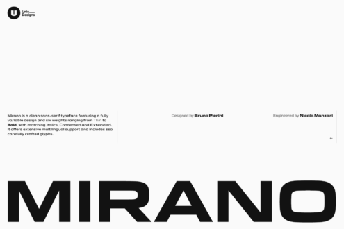 Mirano sans-serif typeface specimen showing bold weights with italics, condensed, extended variants