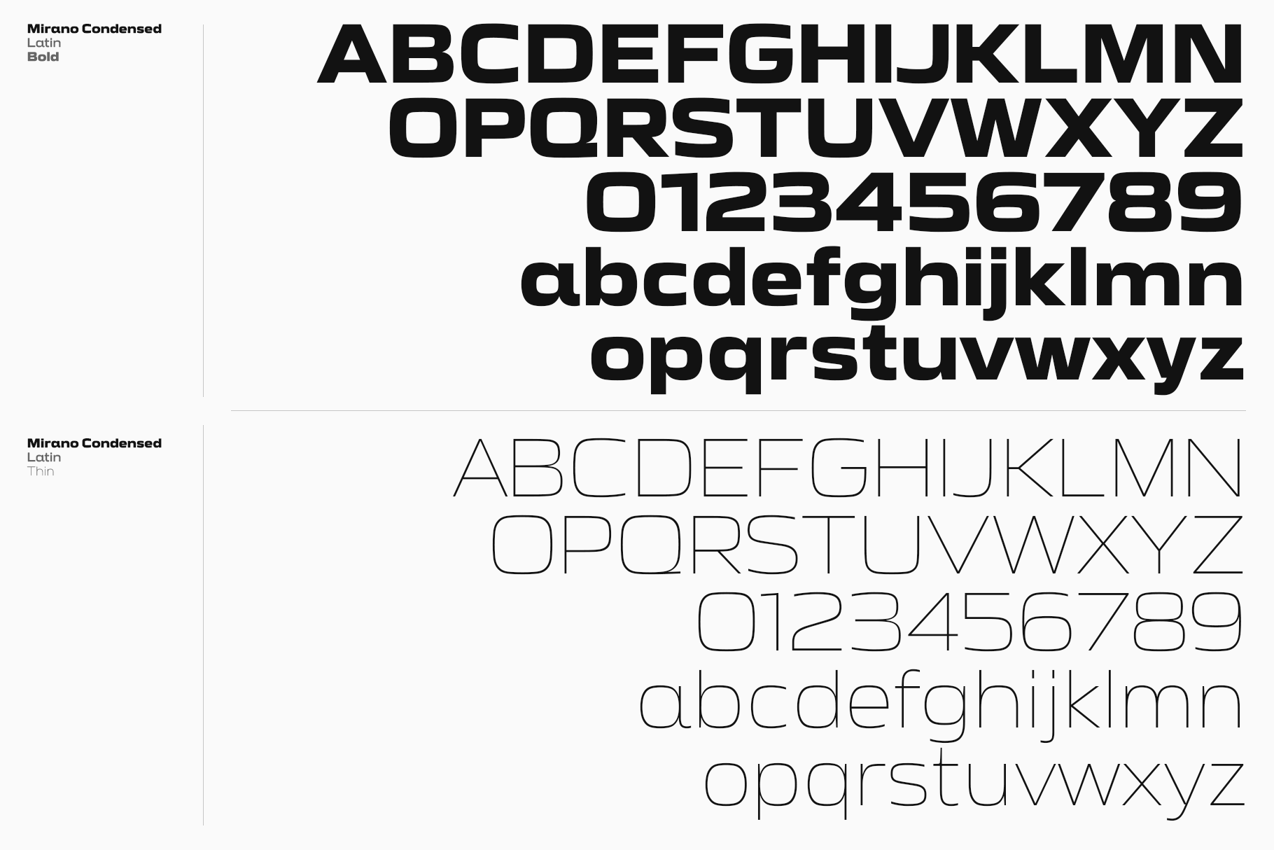 Mirano Condensed Bold vs Thin weight comparison showing full character set