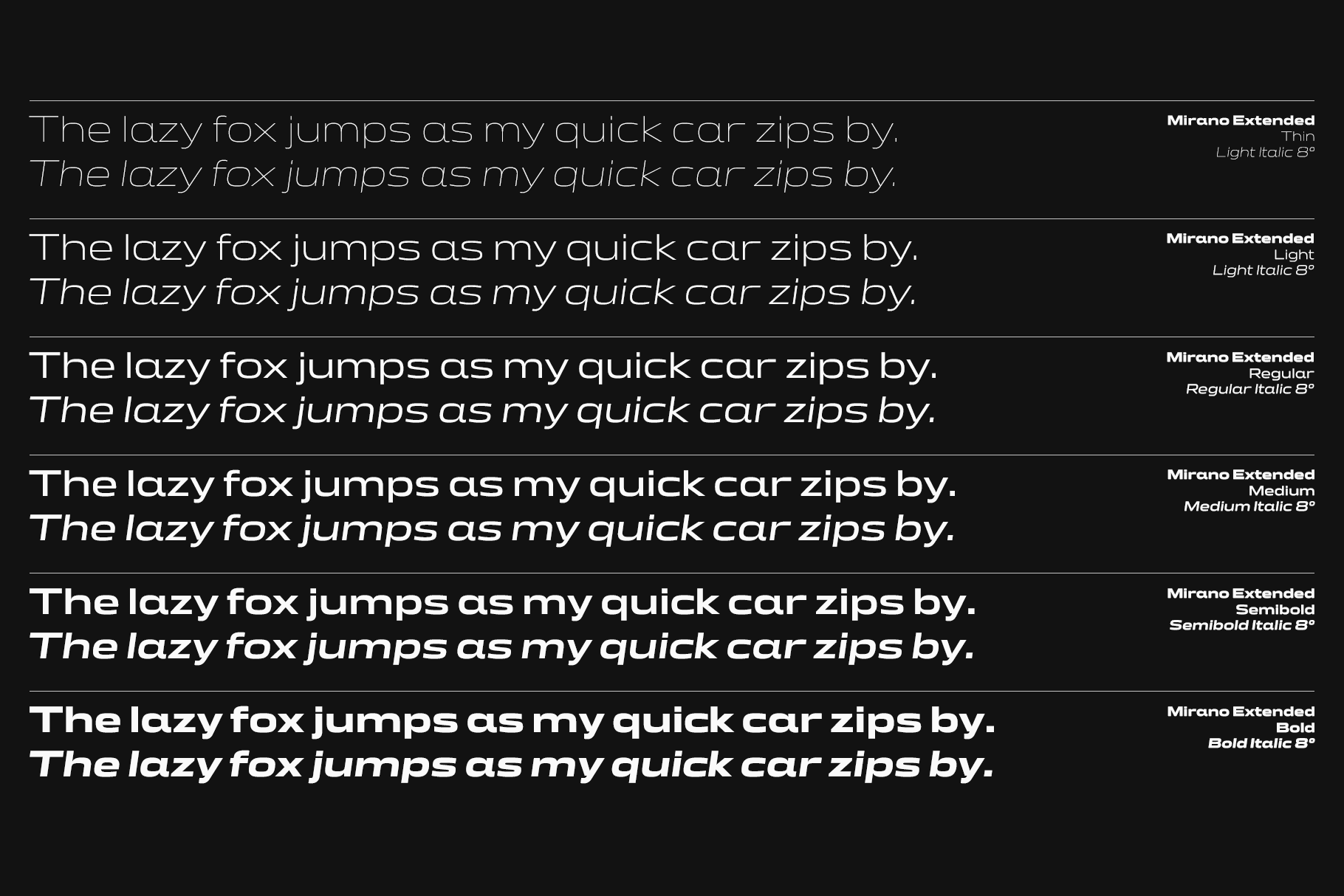 Mirano Extended font family showing six weights from light italic to bold italic on black background