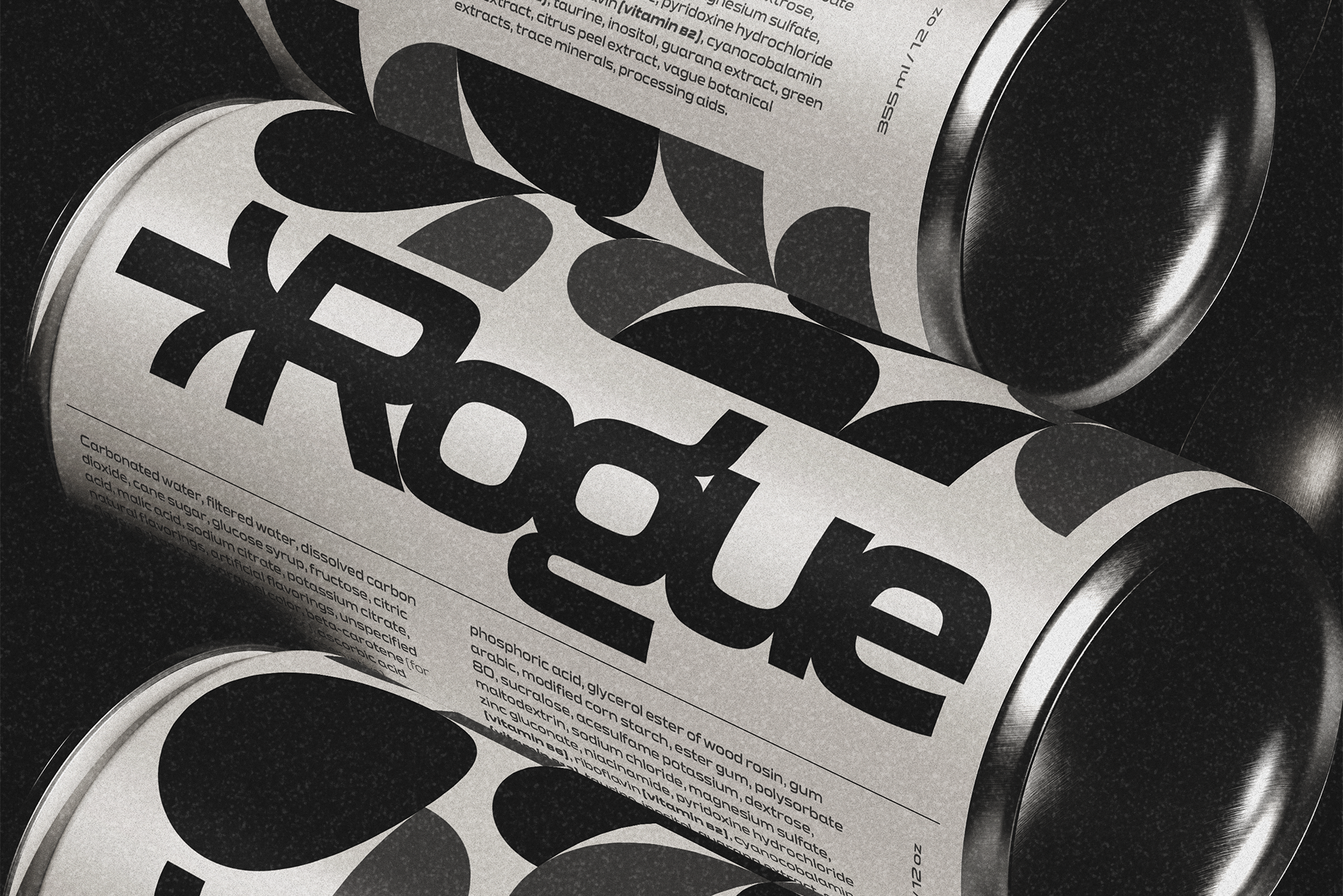 Overhead shot of two skincare bottles with bold black typography on cream labels, organic leaf shapes, ingredients text, moody lighting