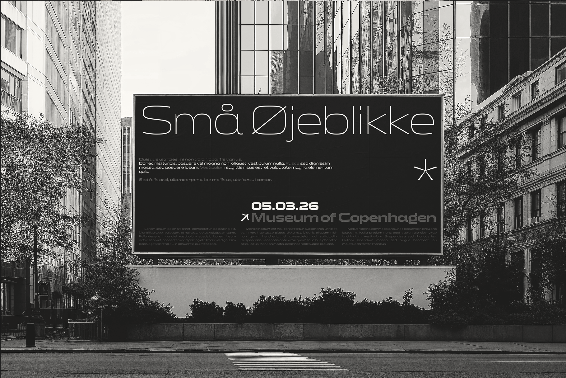 Sleek black billboard mockup with minimalist typography, date, museum text on urban building facade