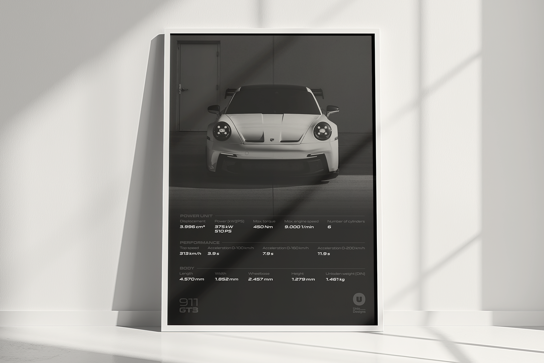 Porsche 911 GT3 spec sheet poster in monochrome with performance data
