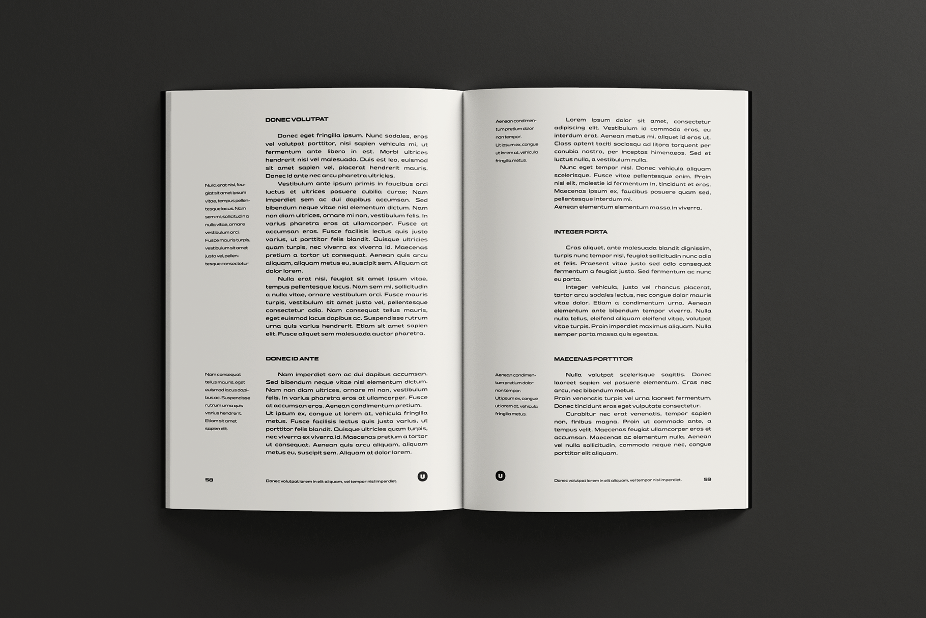 Open book spread mockup with lorem ipsum text on dark background