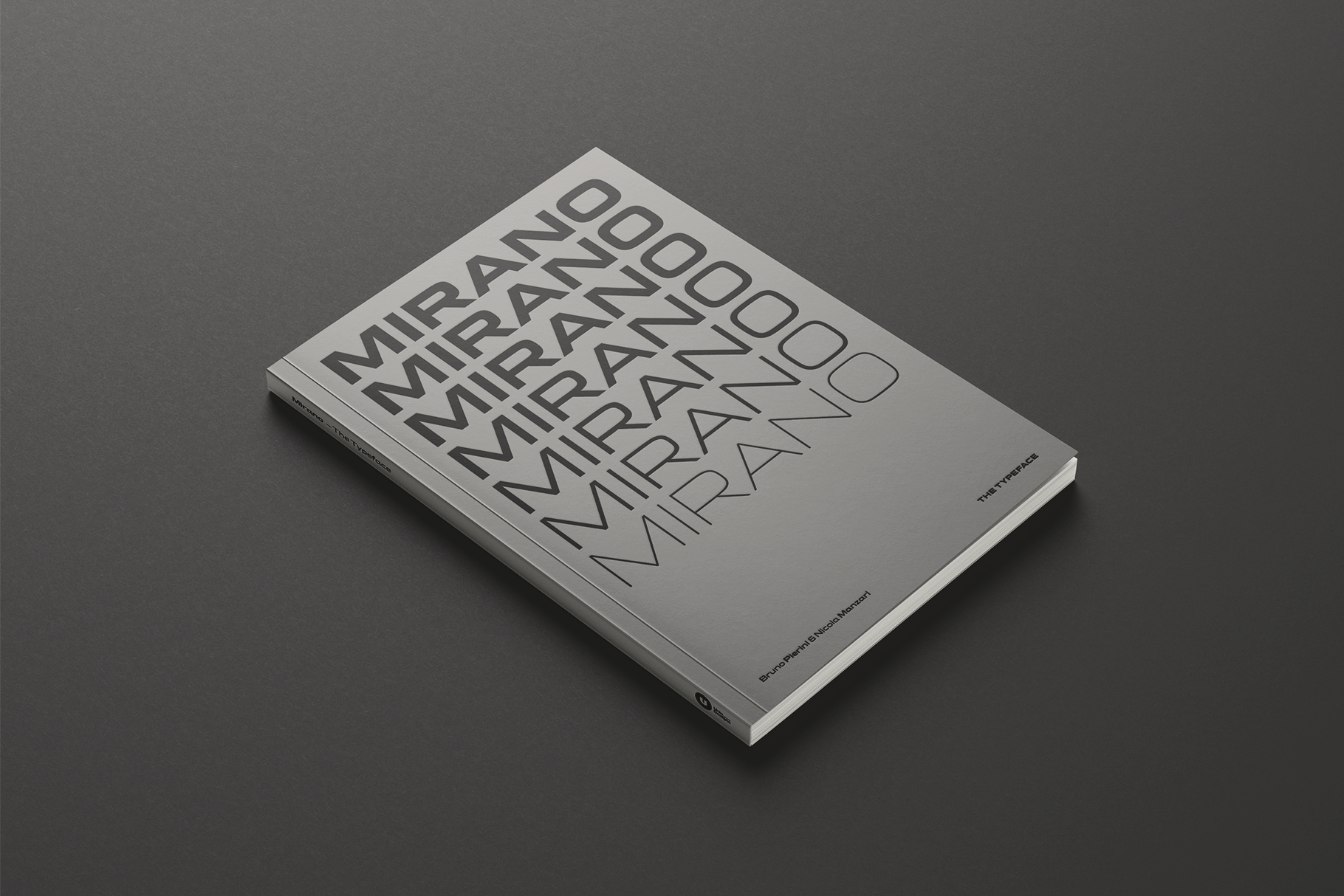 Isometric book mockup with repeating "MIRANO" text on cream cover against gray background