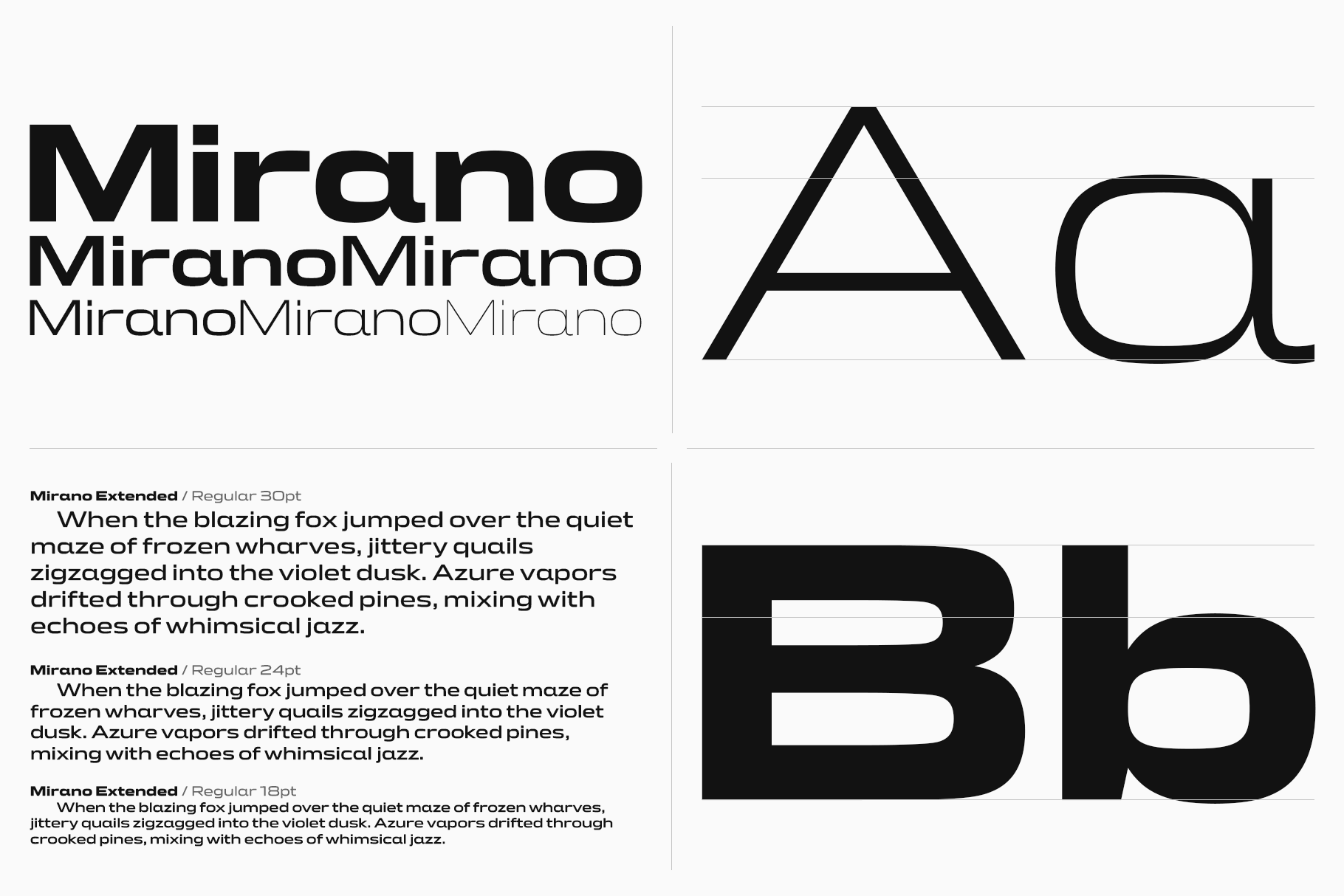 Mirano Extended font showing weight variations from thin to bold with sample text