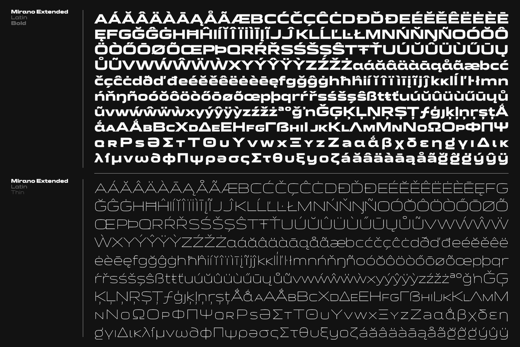 Mirano Extended font family showing Bold plus Latin weights with extended character set including diacritics