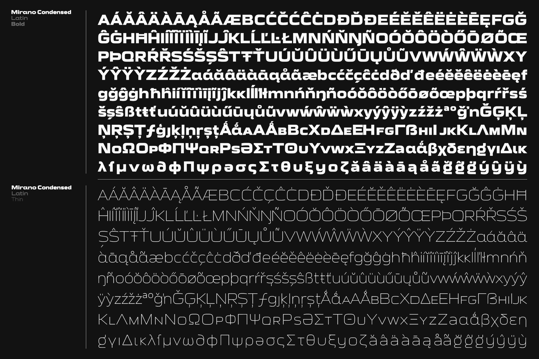 Mirano Condensed font family showing bold, latin weights with full character set including accents