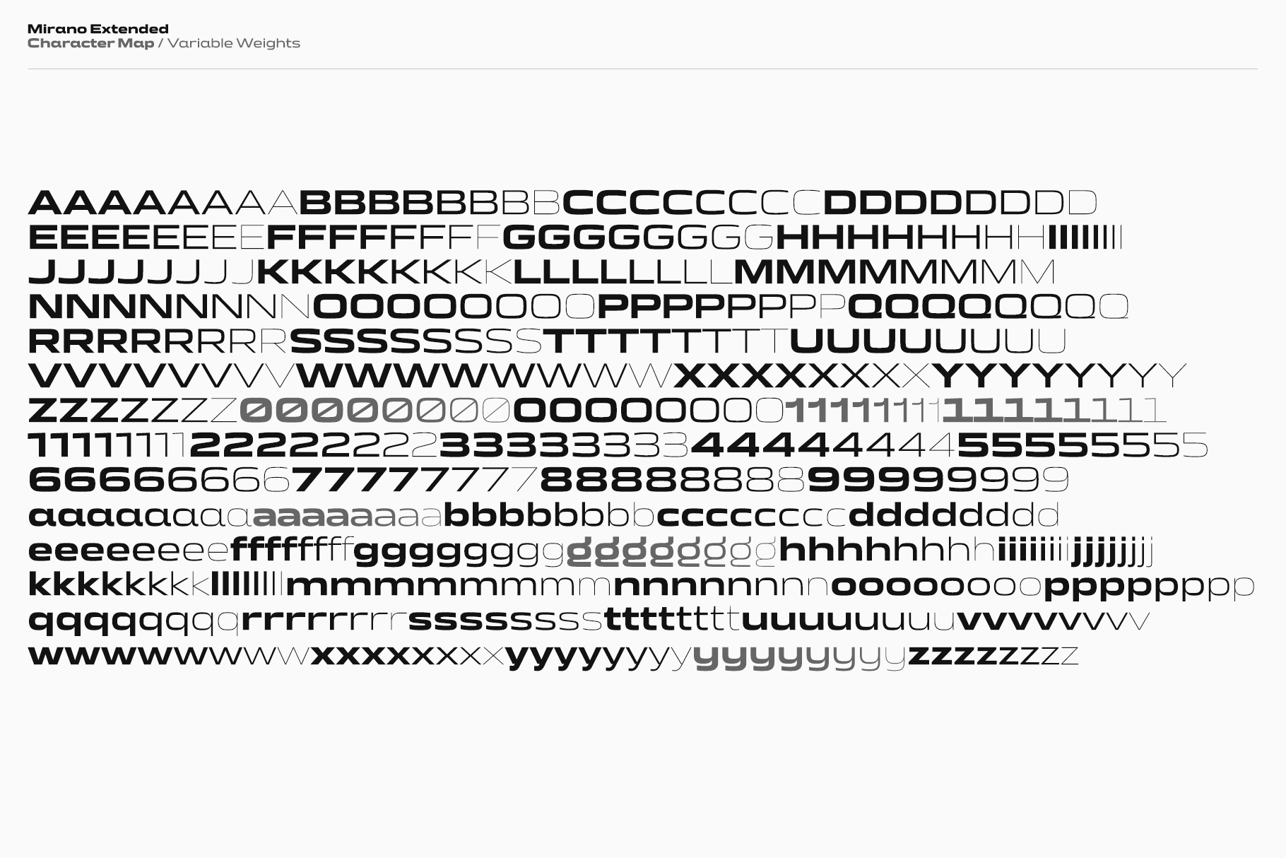 Mirano Extended character map showing full alphabet through numbers with variable font weights from bold to light