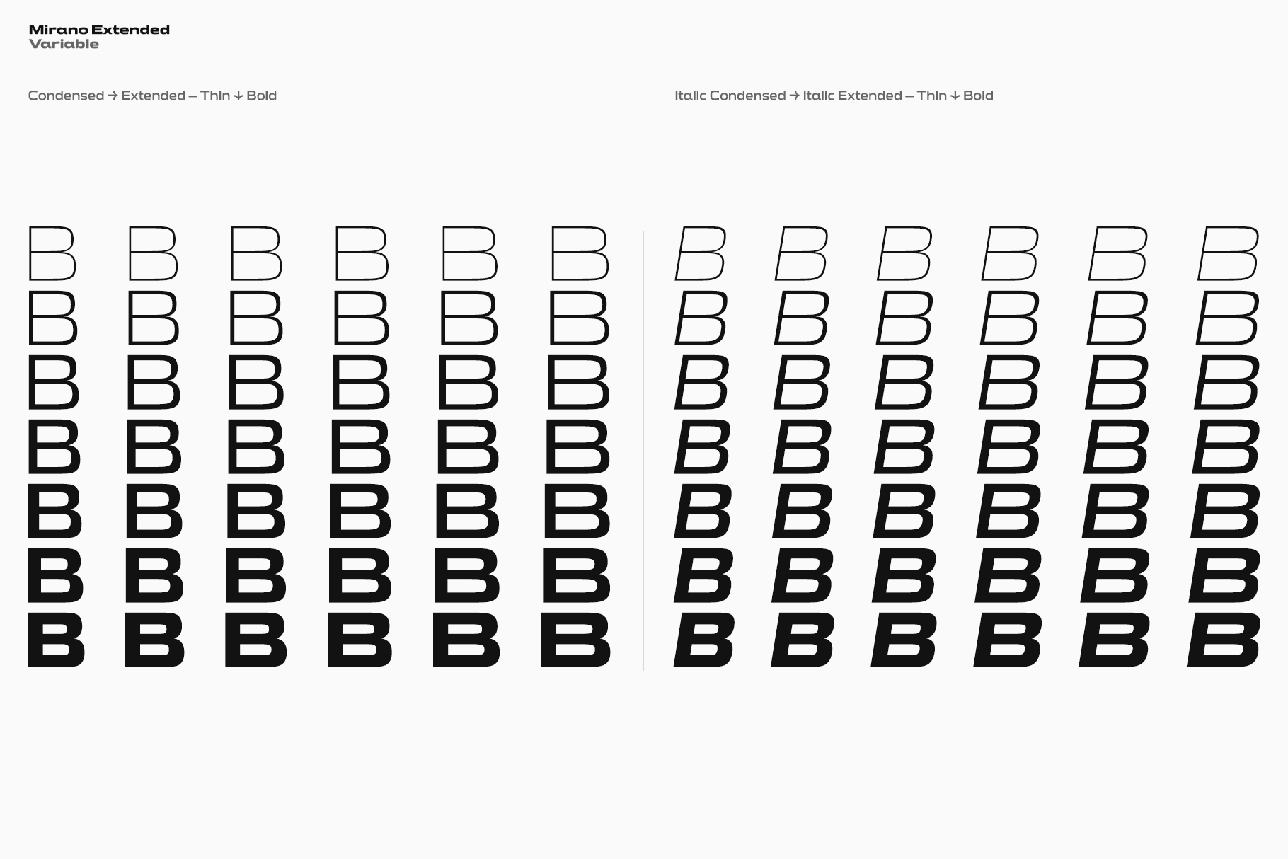 Mirano Extended Variable font showing weight variations from thin to bold in regular plus italic styles