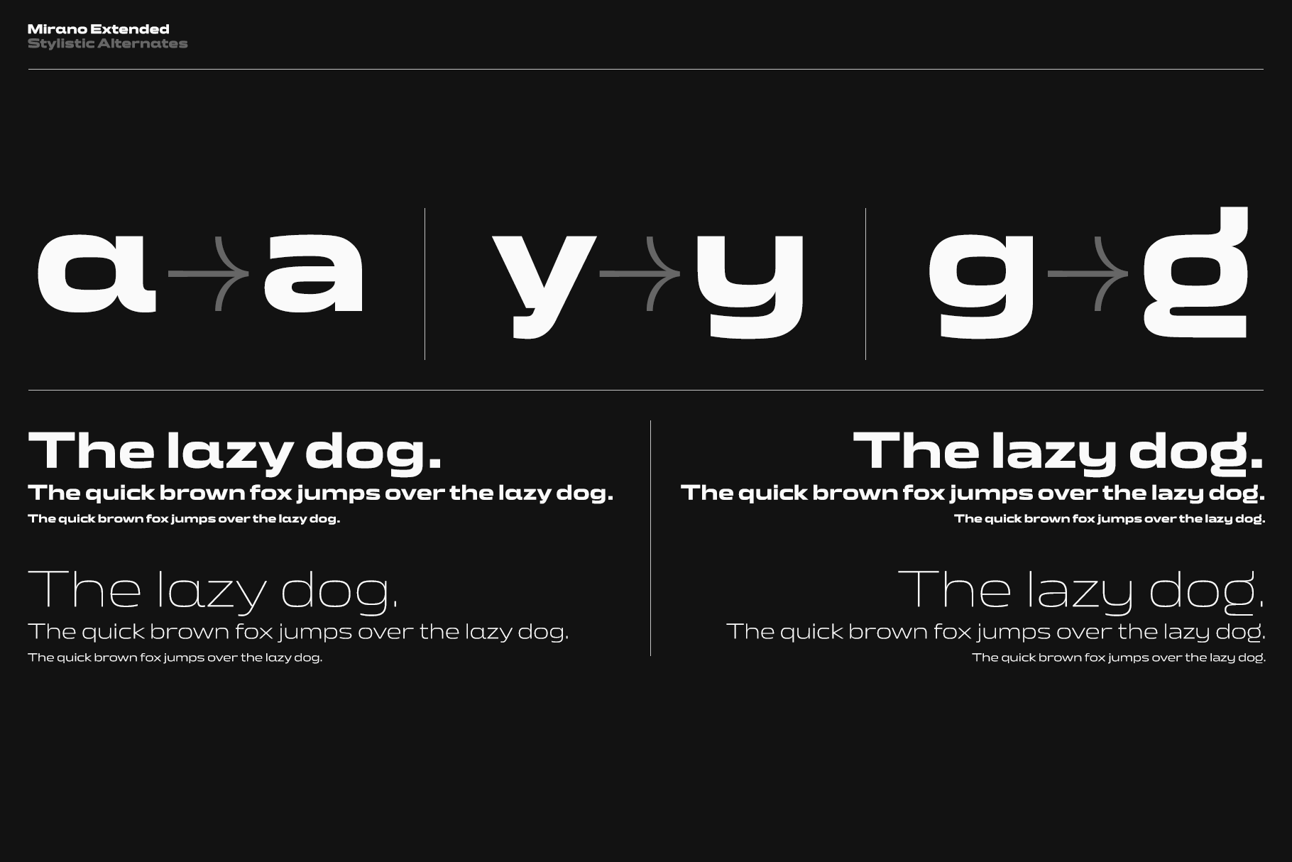 Mirano Extended font showing stylistic alternates with letter swaps displayed on black background