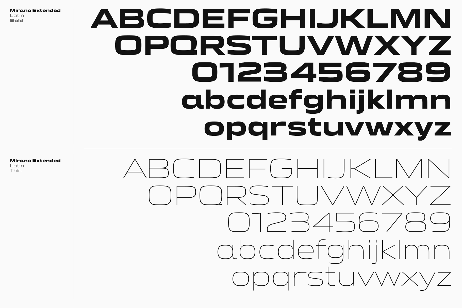Mirano Extended font showing bold, thin, uppercase, lowercase typefaces with full character set