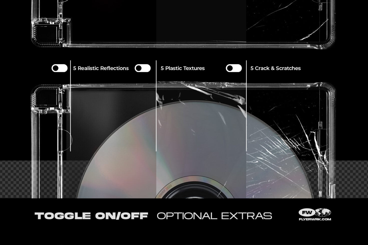 Clear phone case mockup showing toggleable reflections, plastic textures, plus damage effects