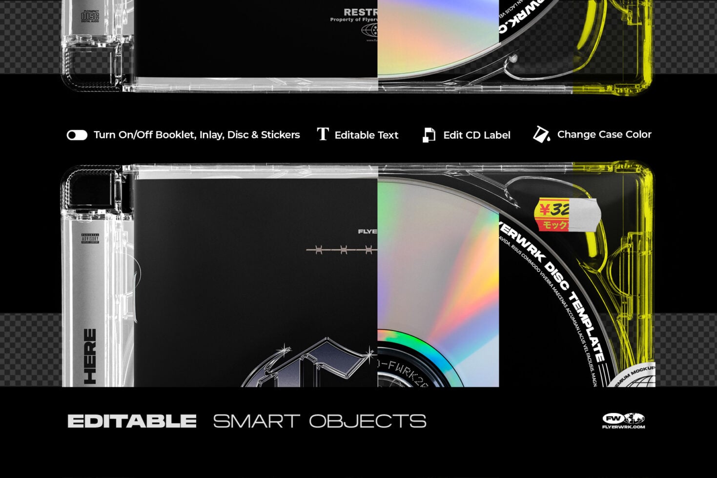 CD jewel case mockup with clear case, holographic disc, yellow accents, editable artwork elements