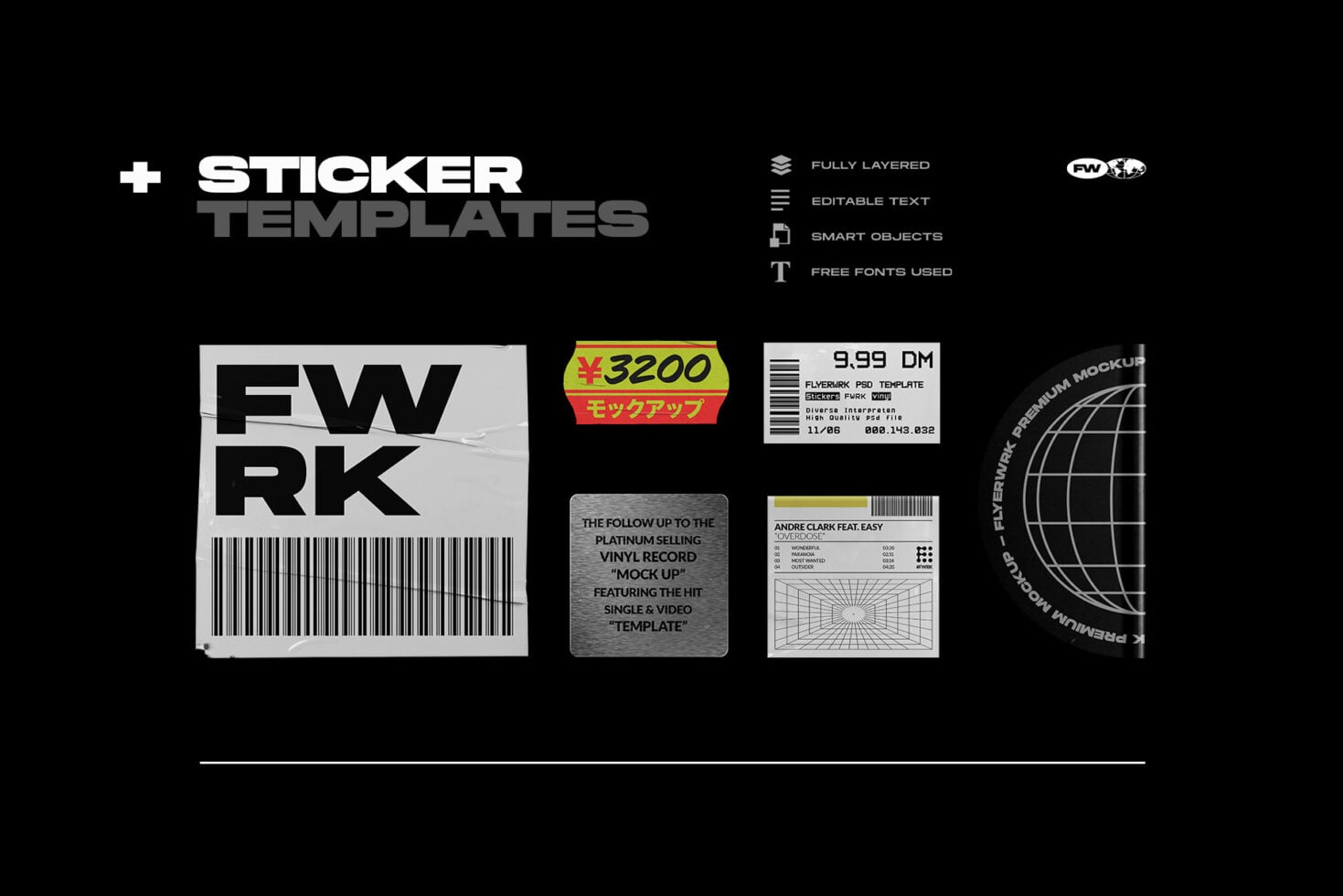 Sticker template pack with retro label designs, barcodes, vinyl mockups, price tags on black background