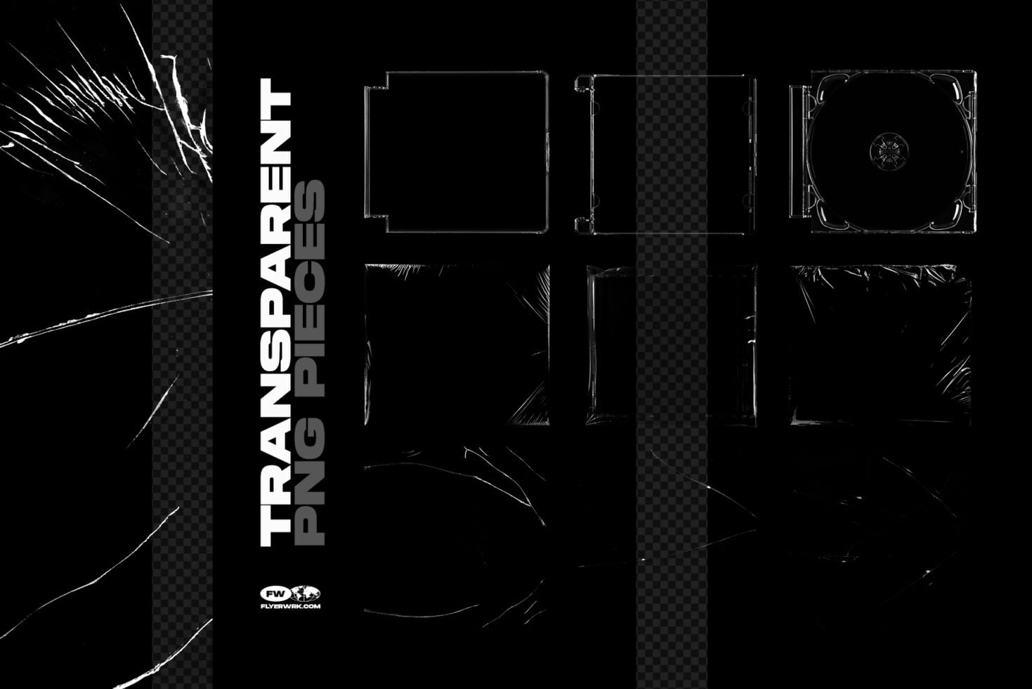Dark CD case mockup with transparent panels, edgy line graphics, minimal layout templates