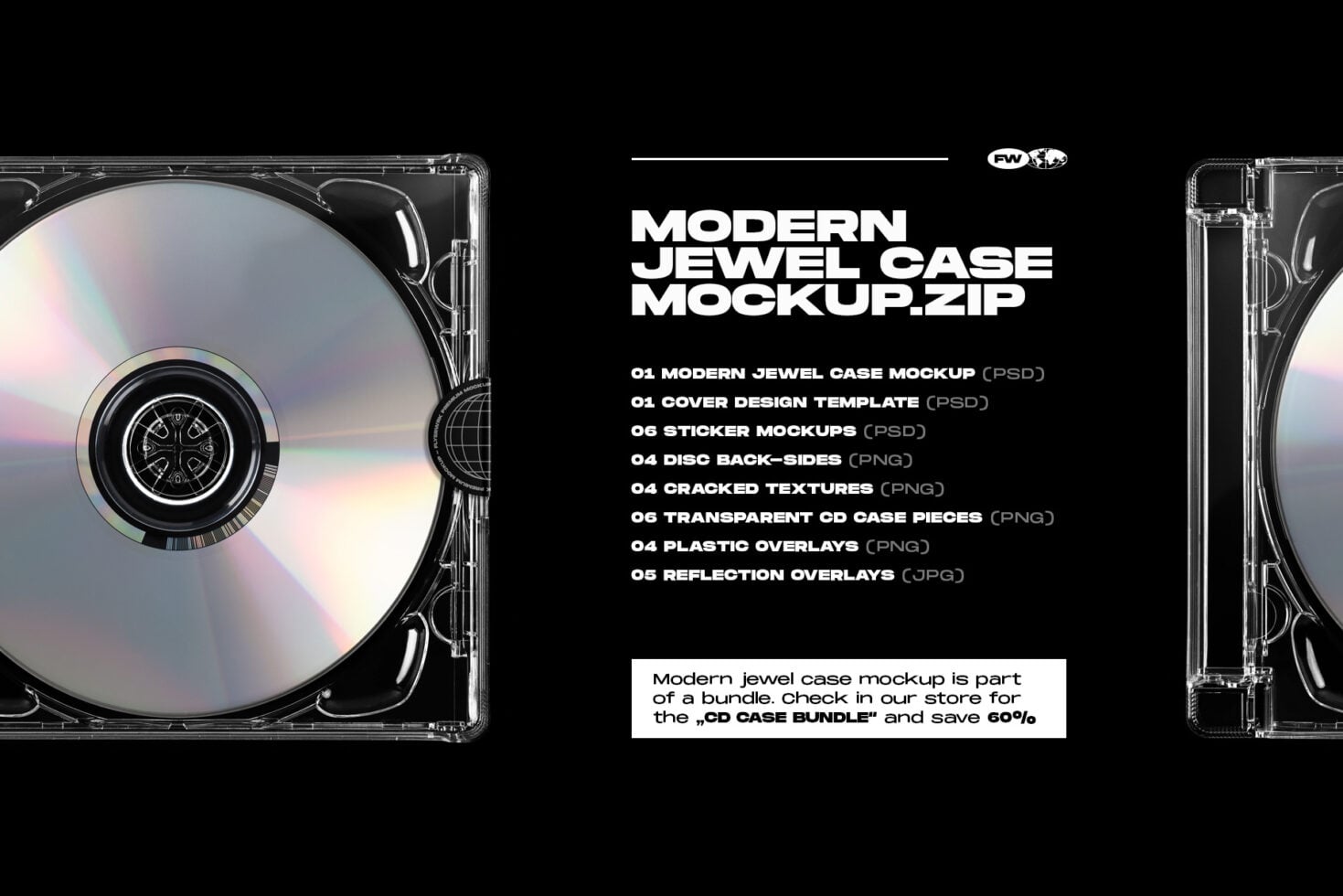 Modern jewel case mockup with iridescent disc, clear plastic case, stickers, textures, overlays