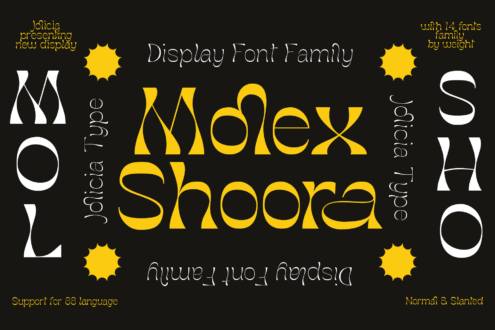 Molex Shoora display font family in yellow with 14 weights shown on black