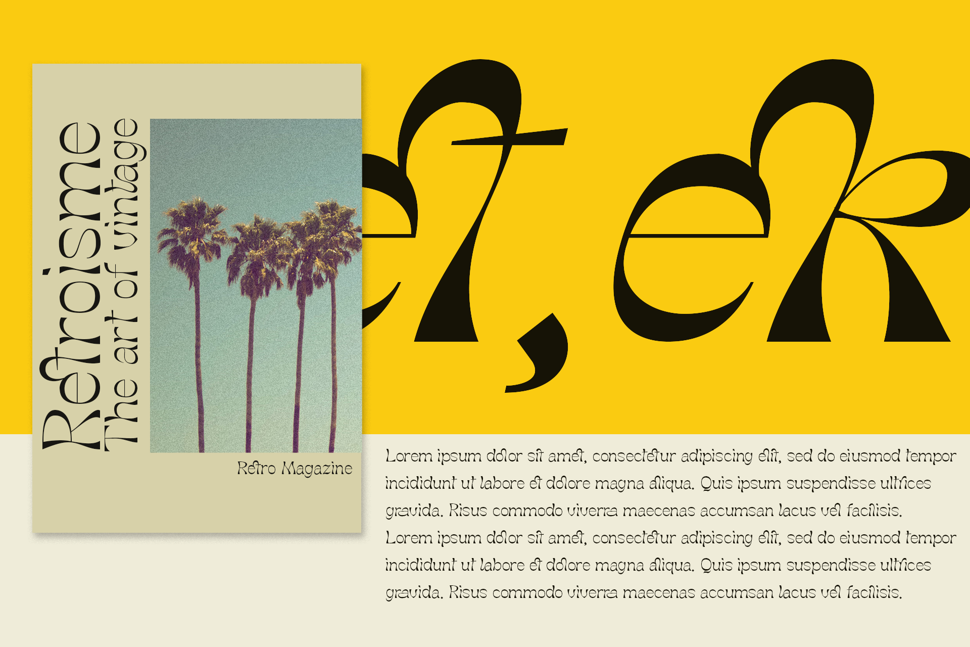 Retro magazine mockup with palm trees, bold yellow type, vintage vibes