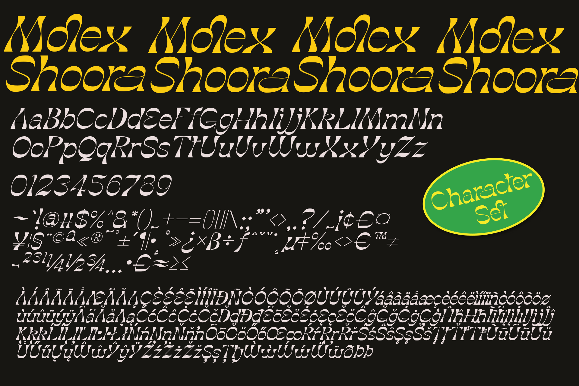 Molex Shoora italic typeface with full character set on black background