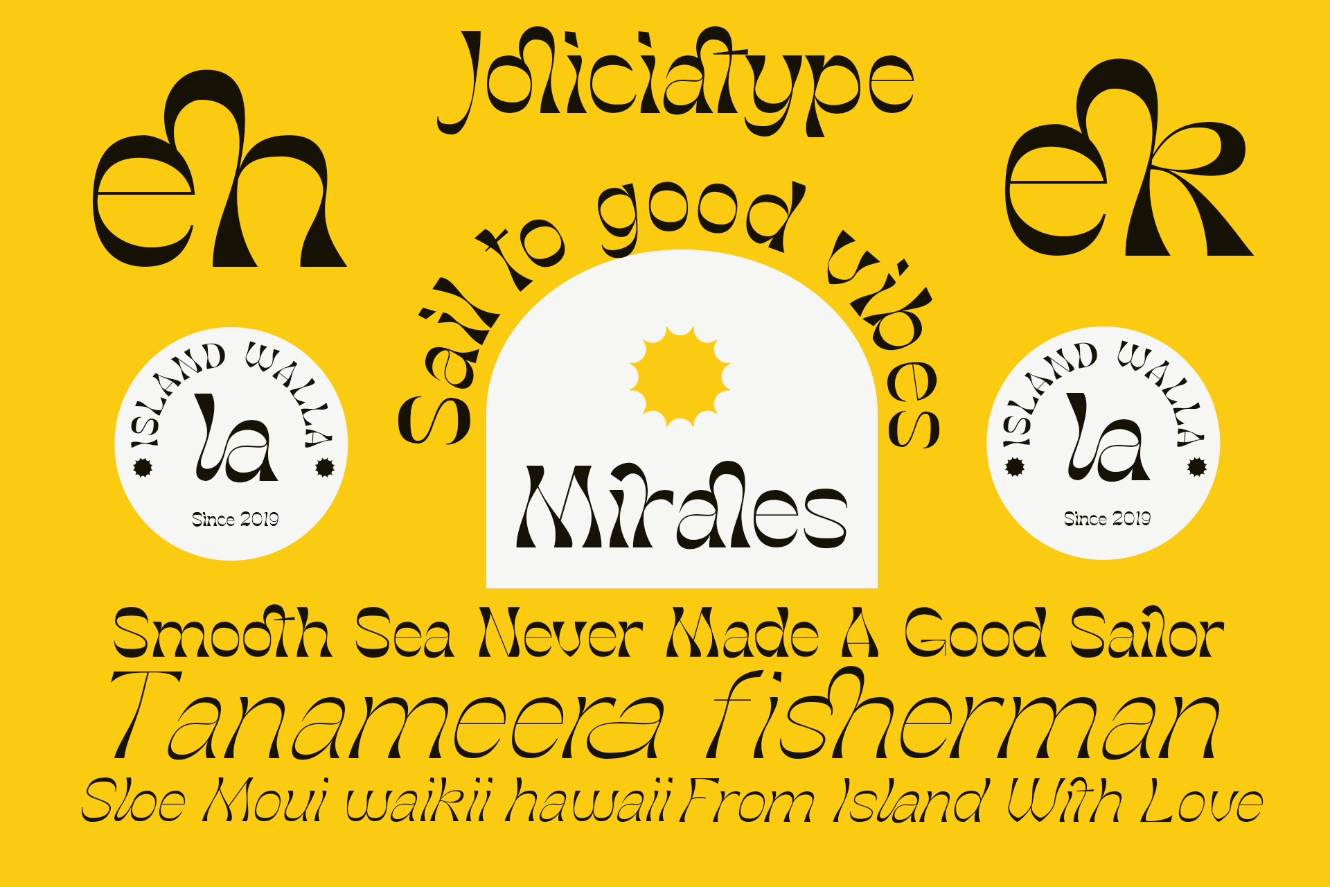 Joliciatype font family displayed on bright yellow background with island-themed text samples