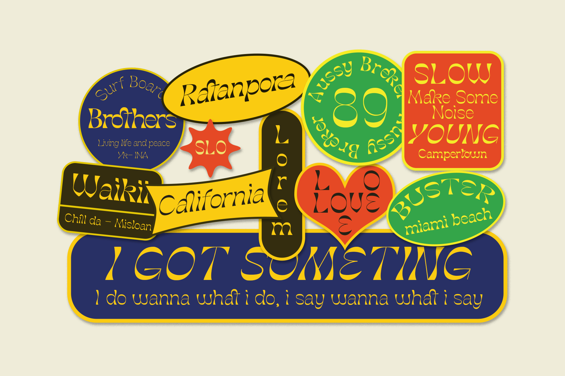 Colorful retro badge sticker design with band names, locations, hearts, stars, plus playful text overlays in yellow, green, red, navy