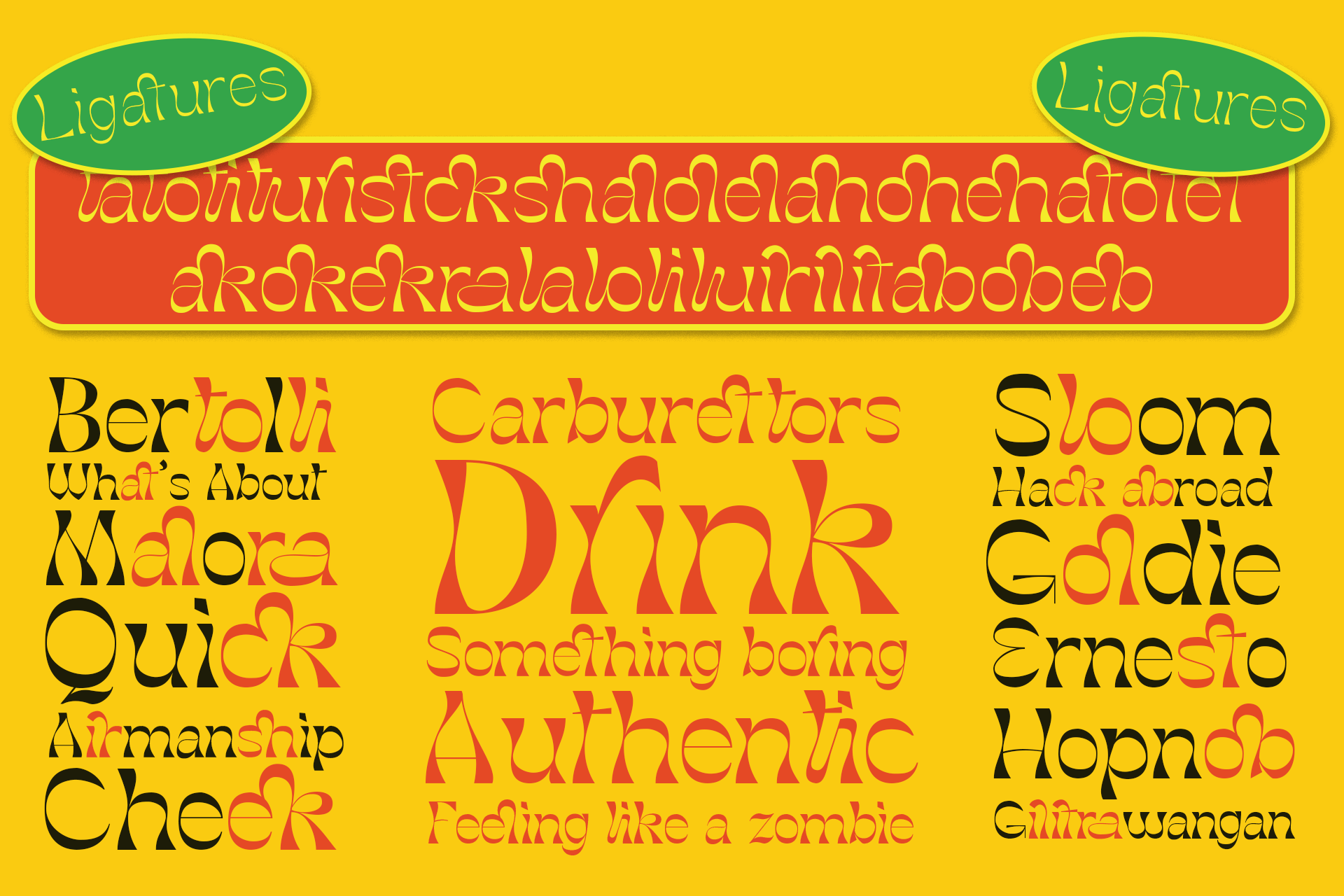 Playful display font family with ligatures shown on bright yellow background