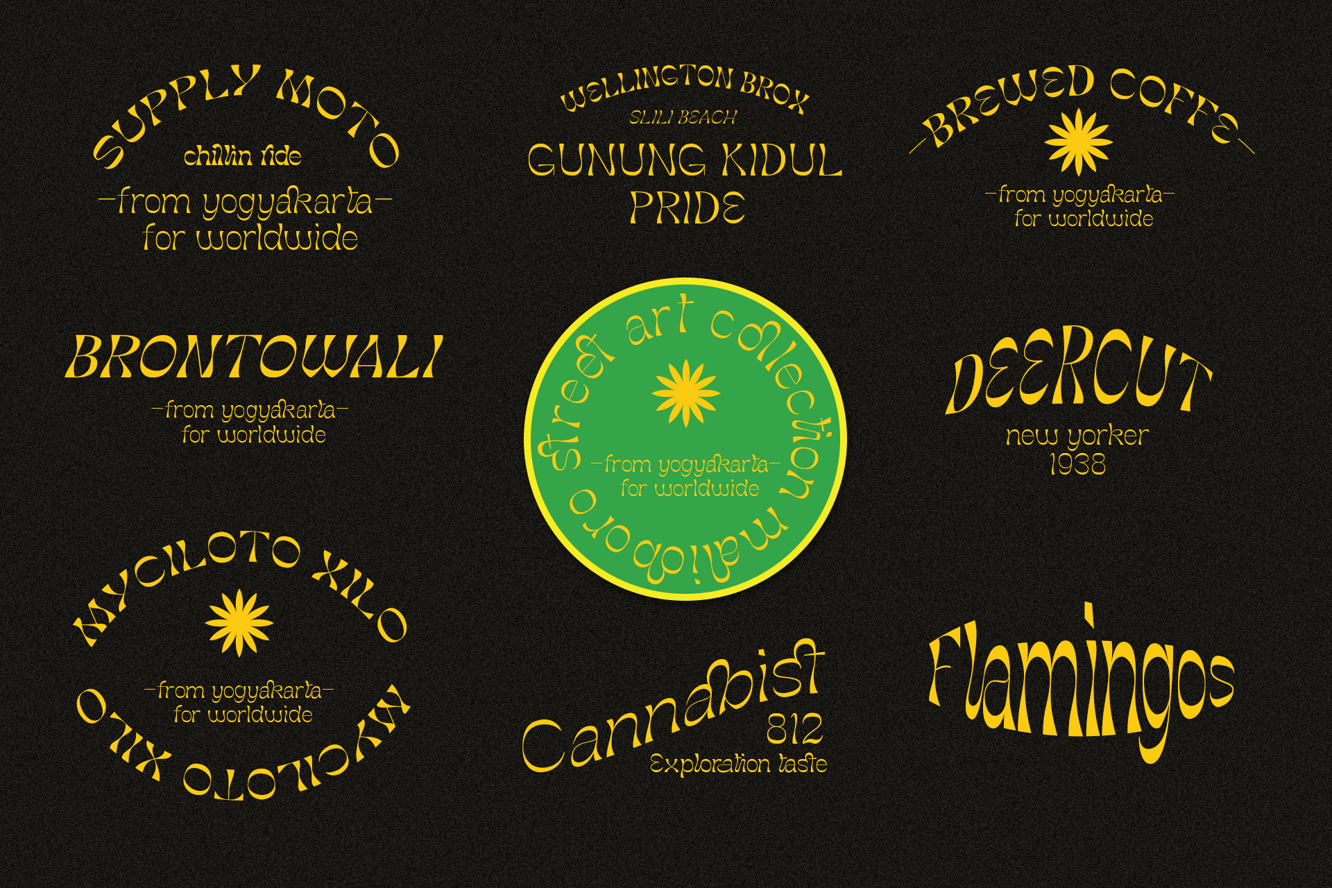 Yellow retro brand logos on black with sun symbols, curved text layouts, yogyakarta sources