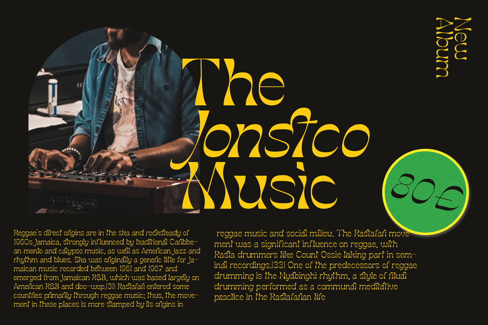 DJ working turntables with bold yellow reggae music typography layout on black